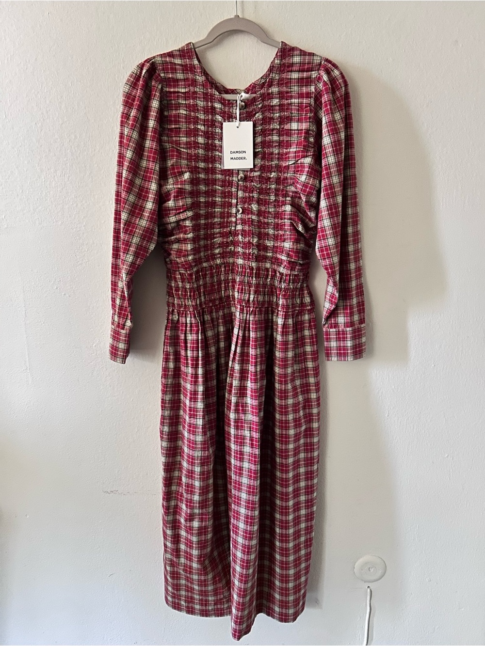 Damson Madder Red Plaid Smocked Midi Dress Cottagecore Prairie Romantic Size 8